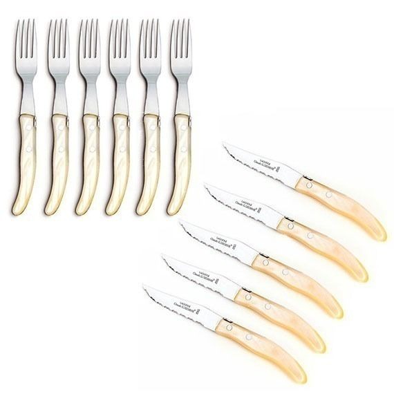 Conjunto com 6 Facas e 6 Garfos Claude Dozorme Laguiole Madrepérola