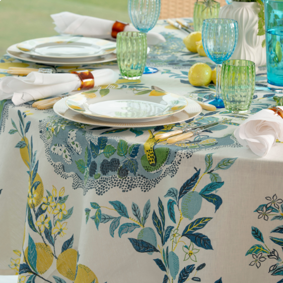 Toalha de Mesa Citrus Garden Azul Redonda 2,30 Linho Matouk