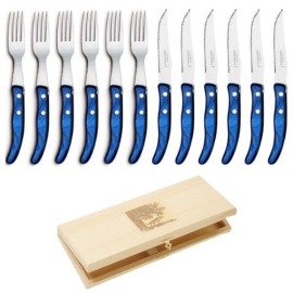 Caixa com 6 Facas e 6 Garfos Claude Dozorme Laguiole Azul Escuro